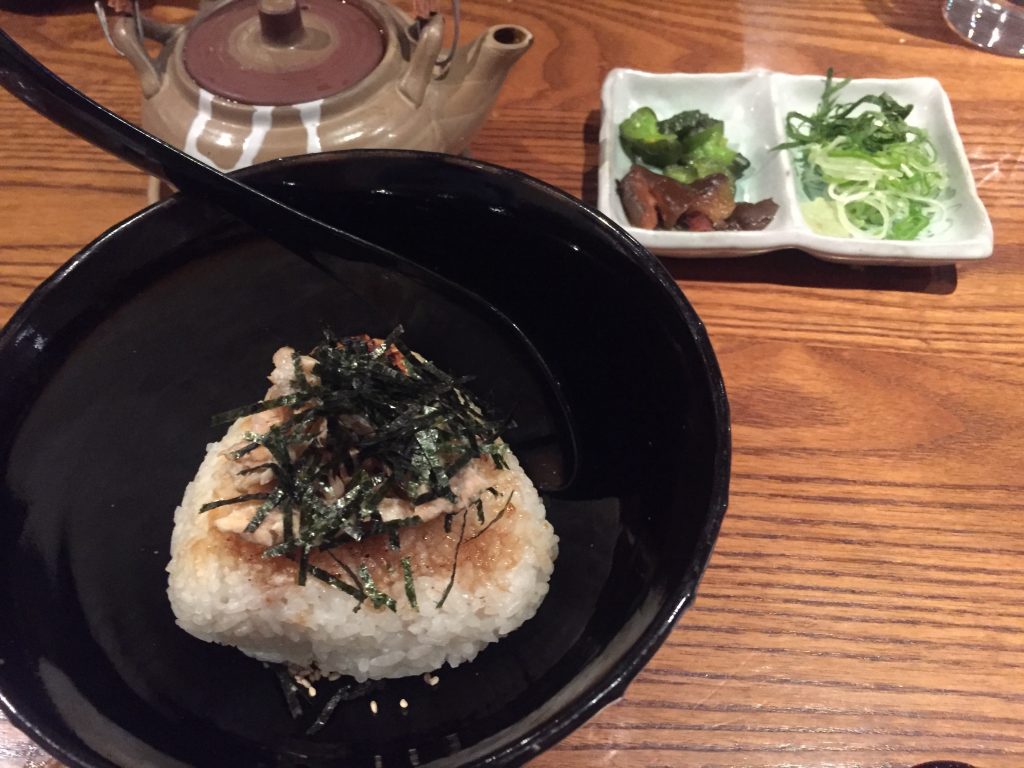 Grilled salmon rice ball with a tea broth Shimogamo